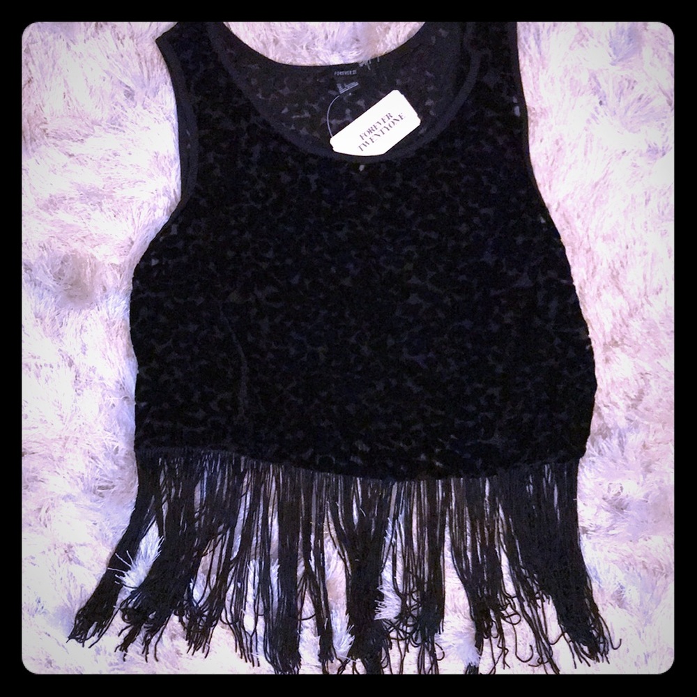 Forever 21 Semi Sheer Fuzzy Crop Top With Fringe